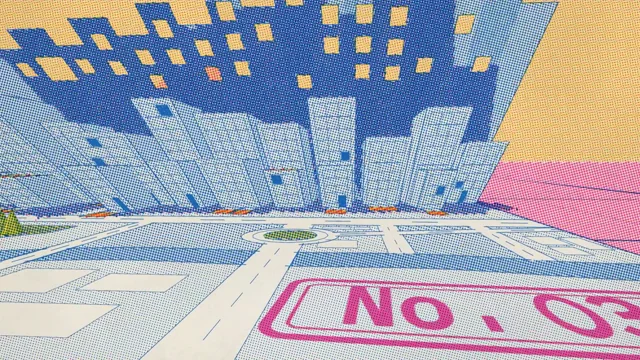 Paper-fold skyscrapers pop up from a halftone city map