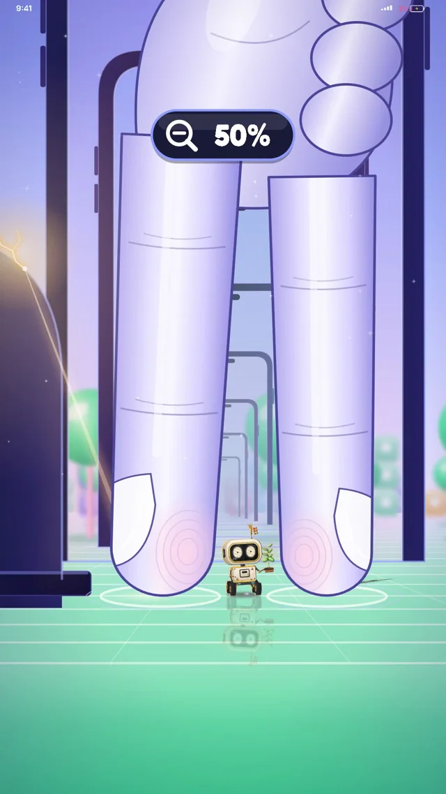 Pinch zoom shrinks HUFFBOLT to 18 percent. The seedling in his claw stays full size, so the thumbnail…