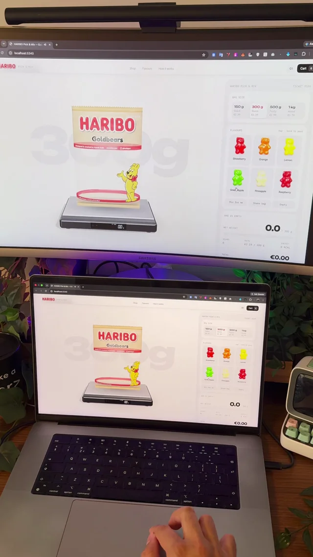 Built a candy store where you pour 3D gummy bears into a bag and the scale charges you for every…