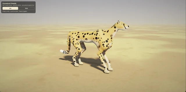 1) "Build a procedural cheetah (or fox/cat) in Three.js or Blender Python using only SDFs, smooth…