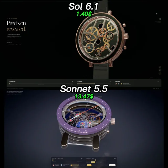 Same prompt, one shot: an interactive 3D mechanical skeleton watch with an exploded view in Three.js.