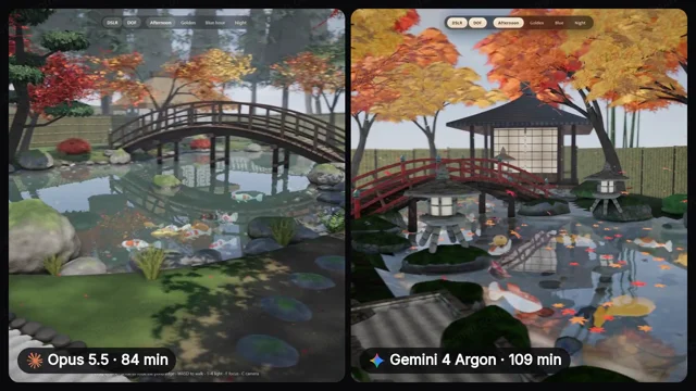 Opus 5.5 vs Gemini 4 Argon, same autumn koi pond idea