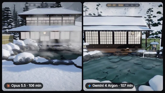 Opus 5.5 vs Gemini 4 Argon, same snowy mountain onsen idea