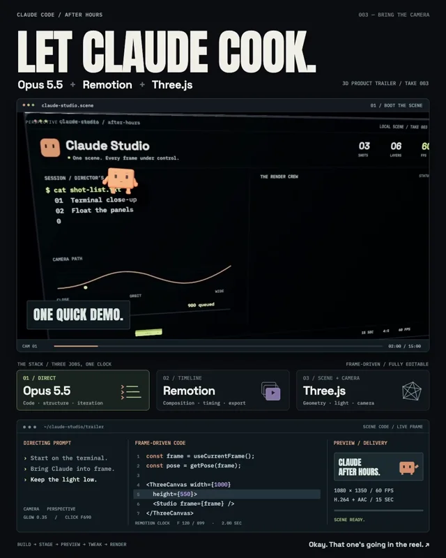 Opus 5.5 + Remotion + Three.js = build the app. Then shoot the f*cking trailer.
