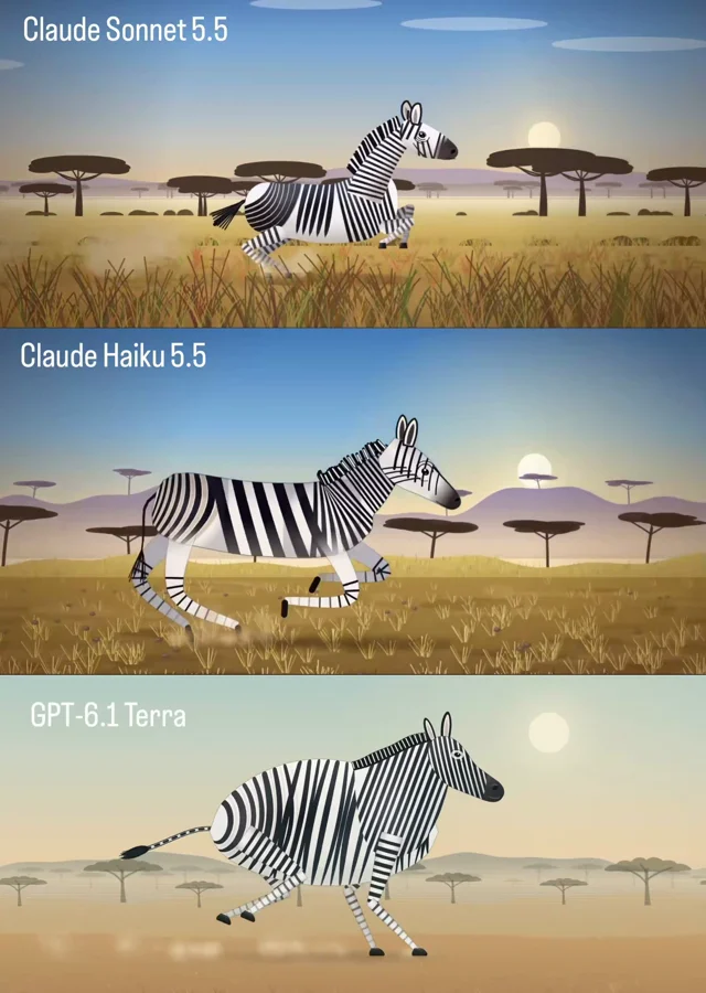GPT-6.1 Terra vs. Claude Sonnet 5.5 vs. Claude Haiku 5.5 on the Three.js zebra galloping test
